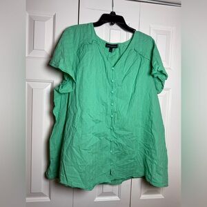 Lane Bryant 100% Cotton Button Down Green Blouse Top